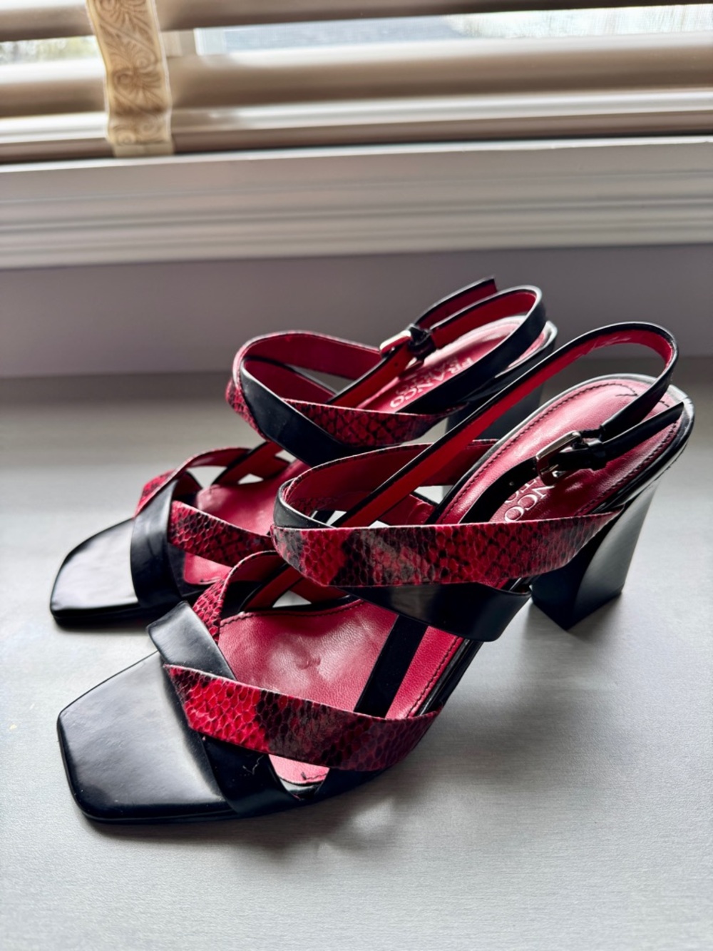 Franco Sarto Leather Strappy Heels | Red Python Embossed | Size 8.5| As New